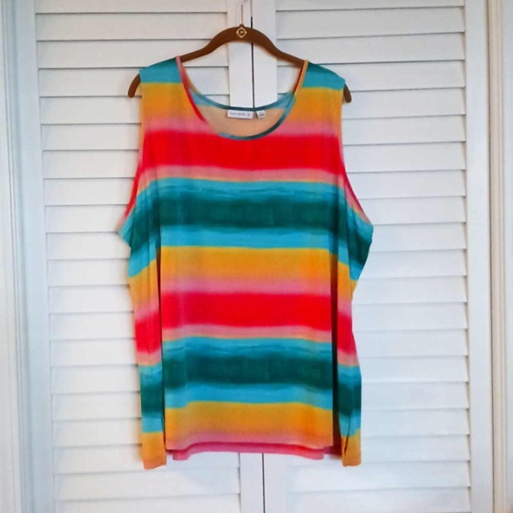 3X Susan Graver Printed Stripes Scoop Neck Tank in Tropical Green Yellow Pink